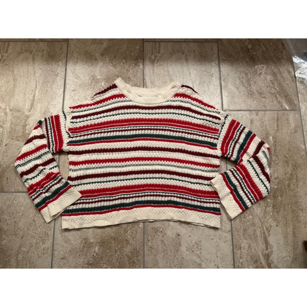 Francesca's Striped Open Knit Crochet Sweater Red Green Cream Small